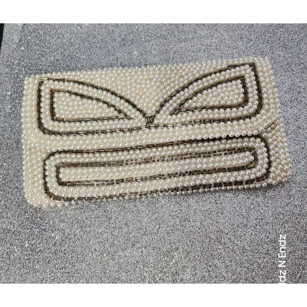 Vintage Beaded White Pearl Evening Clutch Purse With Snap‎ Closure